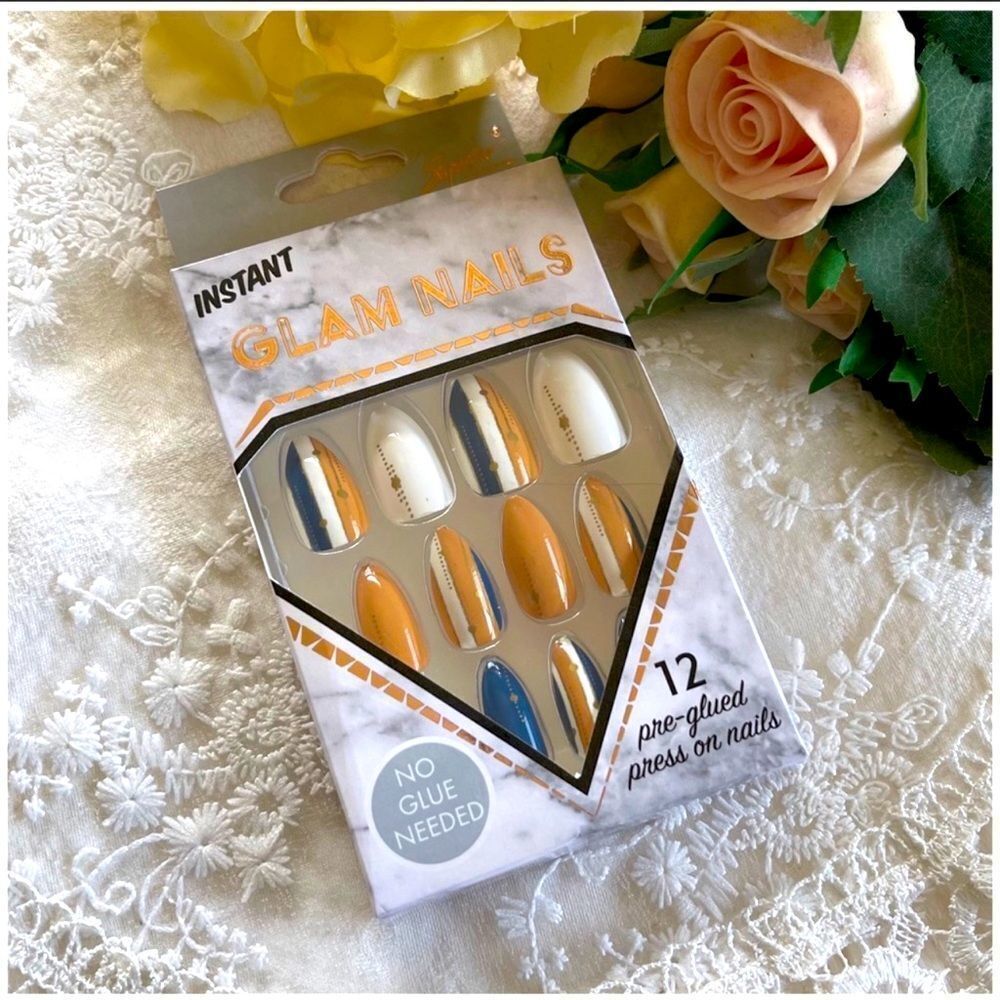Instant Glam Nails 12 pc set Orange Blue Stripes